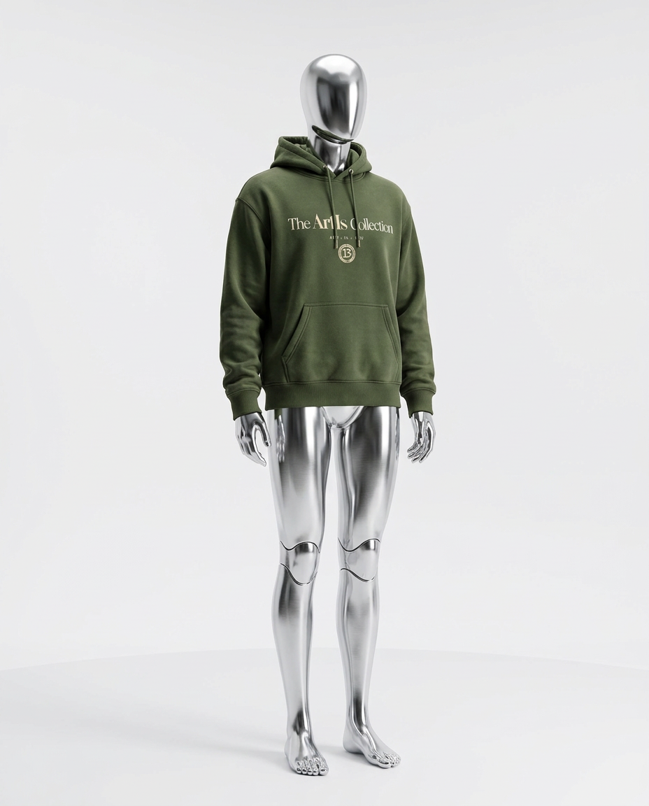 Chrome mannequin wearing the original Olive Moss Art Is hoodie