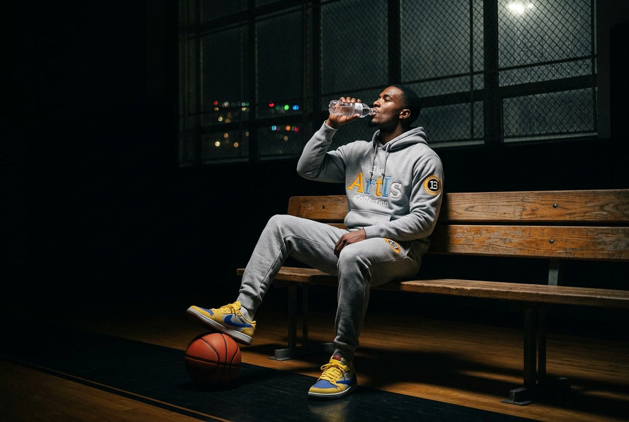 Basketball player resting on a gym bench at night in the gray Art Is hoodie and sweatpants